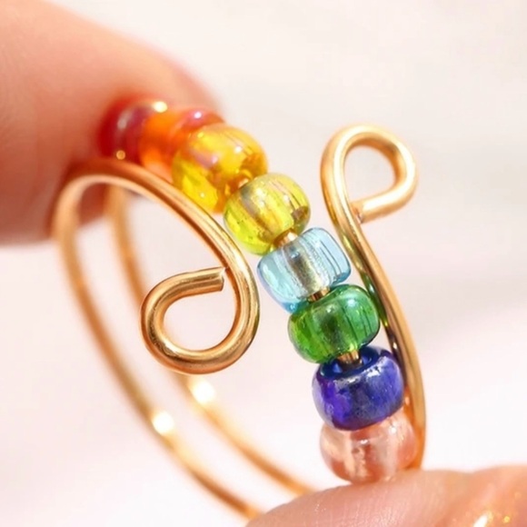 Rainbow color beads adjustable stainless steel Ring - Picture 2 of 3